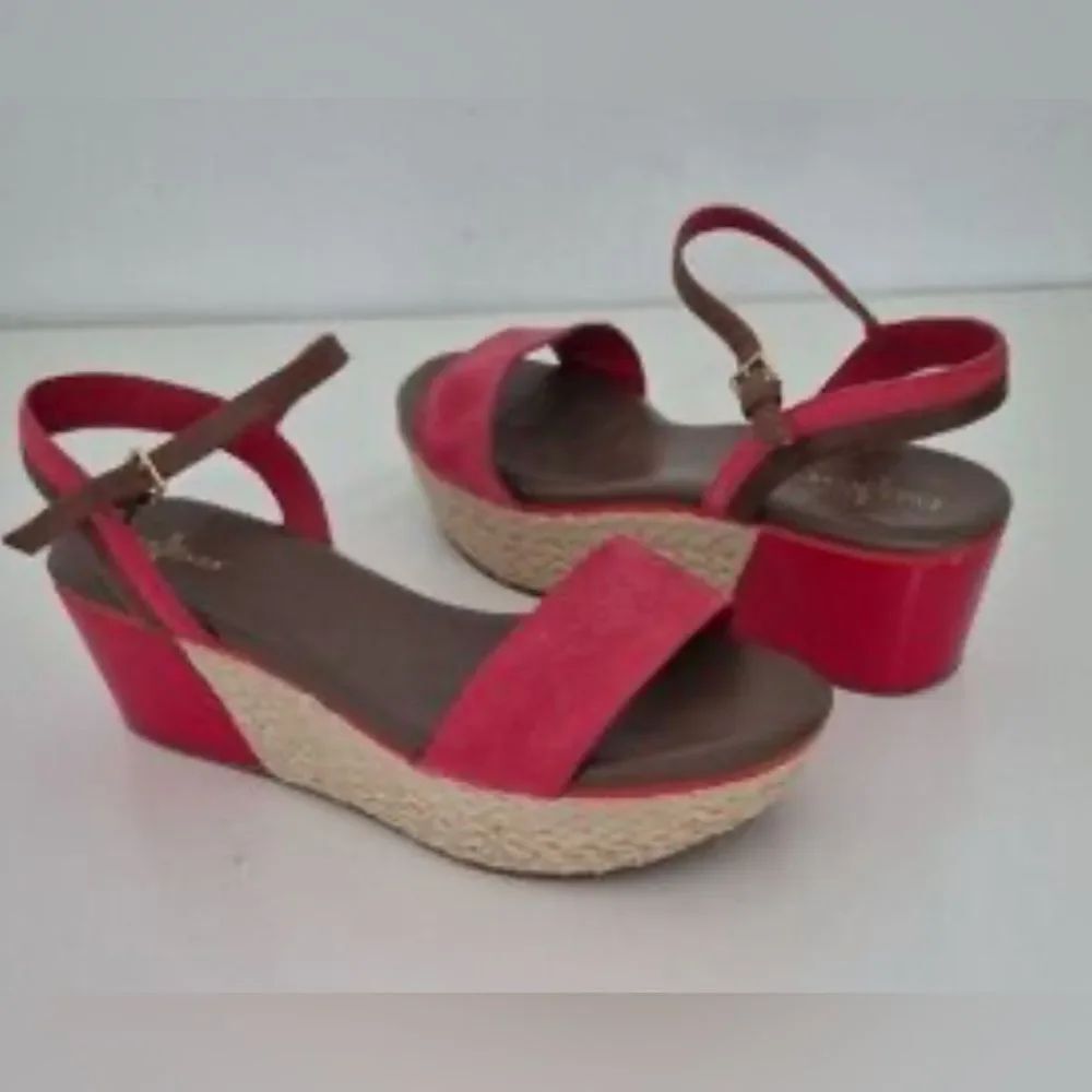 COLE HAANβRed Suede Patent Leather Wedges Espadrille Sandals Ankle Strap 10C